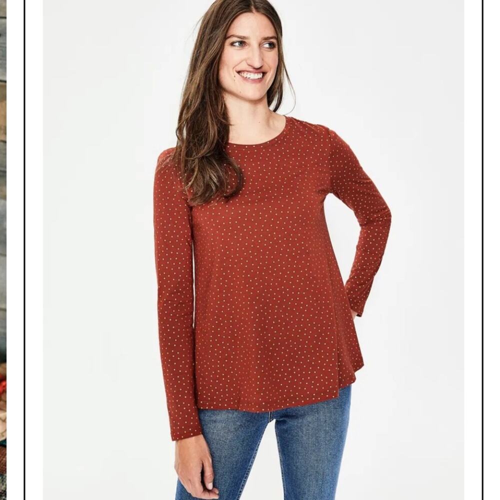 Boden Sabrina Rust Orange Tee Top Metallic Gold Dot Fall Swing Halloween Medium